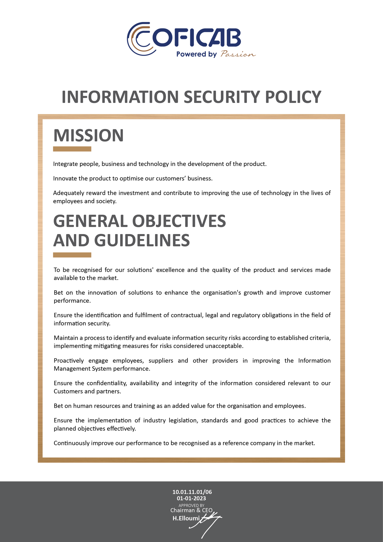 COFICAB Information Security Policy: mission, general objectives and guidelines